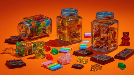 An eye-level studio shot reveals vibrant gummy candies and chocolate bars displayed alongside clear glass jars against an orange backdrop. The composition showcases an assortment of shapes and colors, with bright lighting highlighting the textures. This image could be utilized for promotional material or packaging design.の素材