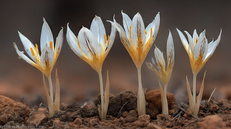 A close-up captures several blooming crocuses showcasing white petals with yellow accents. The composition highlights a ground-level perspective emphasizing the details of the flowers. The image features soft lighting and a blurred background suggesting an outdoor environment suitable for decorative or illustrative purposes.の素材