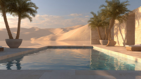 A tranquil desert scene features a rectangular swimming pool reflecting the sky and surroundings. Palm trees in planters frame the pool, with sunlit sand dunes in the background. The composition employs soft lighting and neutral tones, creating a sense of calm. Suitable for architectural, travel, or lifestyle visual content.の素材