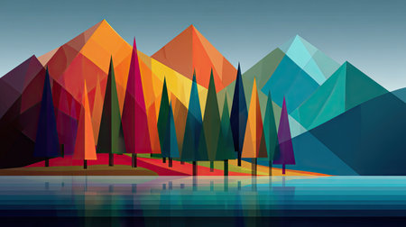 An abstract landscape depicts geometric mountains in a range of vibrant colors. The scene includes stylized trees, their reflections visible in the calm water below. The artistic composition, with its bold shapes and contrasting hues, lends itself to various commercial and editorial applications.の素材