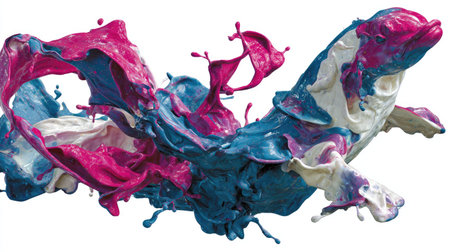 A vibrant paint splash displays a combination of pink, blue, and white hues. The artwork presents a dynamic, fluid composition. This image, captured against a white background, showcases textures with possible application in design and marketing materials. It could be suitable for a variety of projects.の素材