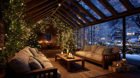 An inviting indoor scene features two sofas and a wooden table, adorned with glowing lights. The space is decorated for the holiday season with festive garlands and candles. Natural light streams through the windows, illuminating the interior. This image could be used for advertising, editorial, or website design projects.の素材