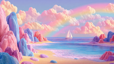 A sailboat sails on calm blue water, beneath a rainbow and cotton candy clouds. The composition presents a dreamy scene with pastel colors. Rocky formations and a sandy beach create a fantastical environment. The image is suitable for various creative and commercial applications.の素材