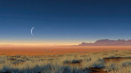 A desert landscape is depicted, featuring a crescent moon in a deep blue sky. The foreground shows sparse vegetation and golden hues. The background reveals a mountain range and expansive plains under an orange gradient. This image is suitable for various commercial and editorial applications, potentially conveying a sense of vastness.の素材