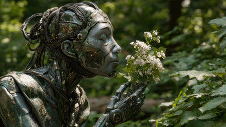 A metallic woman figure delicately sniffs a cluster of white flowers. The image features a dark, somewhat overcast atmosphere, with sunlight gently illuminating parts of the sculpture and foliage. This portrait could be used for various purposes, including science fiction illustrations or artistic projects.の素材