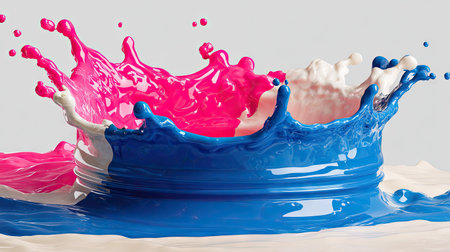 A vibrant splash of pink, white, and blue paint is captured against a clean white background. The image showcases a dynamic crown-like formation, emphasizing the fluid movement and texture of the liquids. This high-contrast composition, possibly digitally created, lends itself well to various design applications.の素材