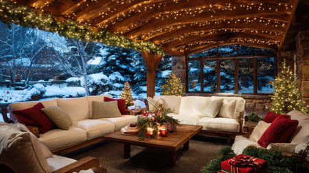 An inviting outdoor living area showcases comfortable seating and holiday decorations. The scene features a wooden ceiling adorned with string lights, complementing the sofas with pillows and a central coffee table. The environment offers a glimpse of a snowy landscape, creating a seasonal atmosphere suitable for various commercial and editorial applications.の素材
