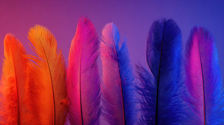 A collection of feathers, each boasting a distinct and vivid hue, are arranged against a smoothly transitioning gradient backdrop. The composition emphasizes the soft textures and diverse colors. The image suggests potential use in designs, artistic projects, or illustrations, and can be used for a variety of commercial or editorial applications.の素材