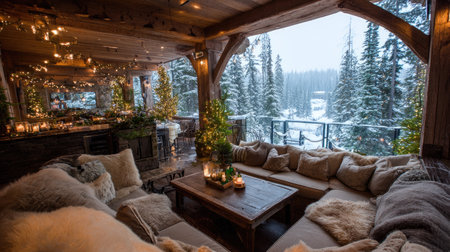 A comfortable living area is featured with plush seating arrangements, natural wooden beams, and a large open window. The composition highlights soft textures and warm lighting, creating a welcoming atmosphere. The scene suggests potential usage for lifestyle publications, home decor, and winter-themed advertising.の素材