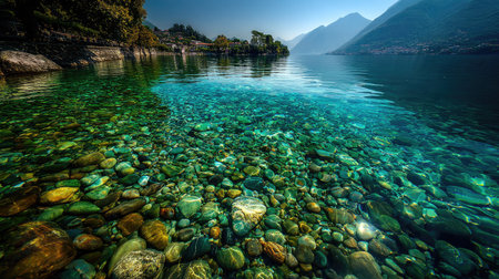 This image showcases clear water revealing submerged rocks, creating a serene landscape. The composition highlights the interplay of light and shadow, with the water reflecting the sky and surrounding mountains. This visual is well-suited for various commercial and editorial applications, evoking a sense of calm and natural beauty.の素材