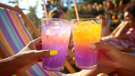 Two hands hold up vibrant, layered cocktails, clinking glasses in an outdoor setting. The drinks showcase bright orange, yellow, and purple hues, with straws against a blurred background of people and sunlight. This scene could be used to depict celebration, leisure, or refreshment.の素材