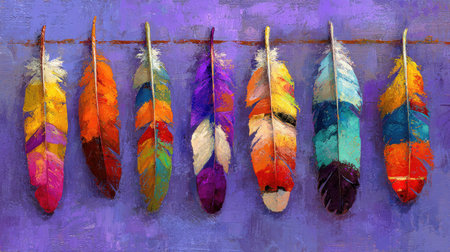 A collection of vibrant feathers displays diverse colors, suspended on a string. The artwork utilizes expressive brushstrokes creating a textured appearance. The composition is placed against a deep purple backdrop. This image could be used for various creative projects, including decorative designs and illustrative purposes.の素材