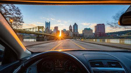 An interior view from a car reveals a city skyline bathed in the warm glow of sunrise. The image highlights a bridge and tall buildings against a clear sky. The scene suggests an urban environment. The composition and lighting could be suitable for various commercial and editorial purposes.の素材
