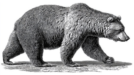 An intricately detailed illustration depicts a large brown bear walking. The image showcases textures, lines, and shading. The composition features a side view against a plain white backdrop. This visual could be used for educational purposes or creative projects.の素材