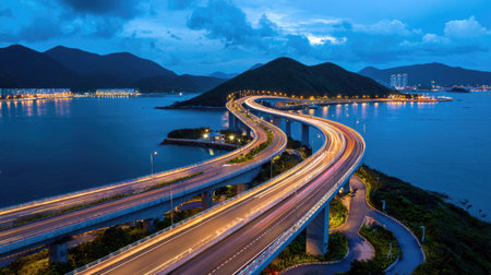 An elevated highway stretches across water, lit by streams of light, viewed at night. The composition features curving roads with blurred motion, and the surrounding area includes dark mountains, water, and small city lights. This image is suitable for commercial applications, representing travel and infrastructure.の素材