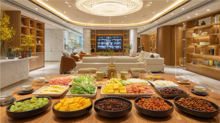 This image showcases a diverse buffet with colorful food arrangements on a wooden table. The interior setting features warm lighting, clean lines, and a modern design. The image could be used for commercial purposes, showcasing culinary offerings, event planning, or interior design concepts. The composition uses a central focus.の素材