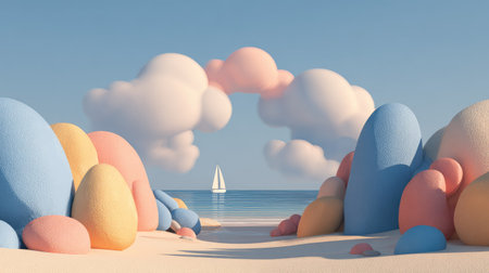 An abstract landscape portrays a calm beach with pastel-colored rocks. A small sailboat traverses the tranquil sea, under a sky dotted with fluffy clouds. The artwork showcases soft lighting and a minimalist style, creating a serene and whimsical atmosphere suitable for various creative projects and digital media.の素材