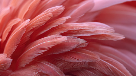This image showcases a close-up of pink feathers, revealing a soft, layered texture. The composition highlights the delicate structure and subtle color variations. The lighting appears natural, creating shadows. Ideal for various design projects and visual content, offering a sense of elegance.の素材