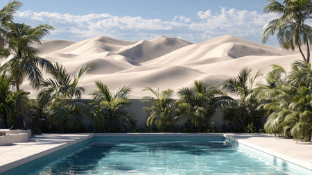 A tranquil scene presents a swimming pool reflecting the sky, framed by palm trees. Rolling sand dunes dominate the background, bathed in soft sunlight. The composition uses vibrant colors and natural textures, suggesting an outdoor setting for relaxation and leisure, suitable for various commercial projects.の素材