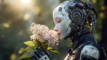 A robotic figure inhales the scent of a flower in an outdoor environment. The image showcases a detailed depiction of a cyborg, contrasted with soft sunlight and verdant foliage. It presents a blend of technology and nature, suitable for various commercial and artistic applications.の素材