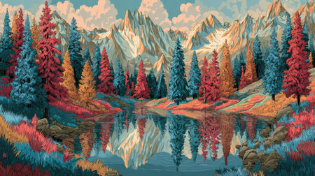 This image depicts a vibrant landscape featuring a lake reflecting a colorful forest and mountain range. The composition uses bold colors and a textured style. Soft lighting suggests daytime conditions. The scene could be used for various editorial or commercial projects related to nature and travel.の素材