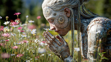 A detailed digital artwork presents a cyborg form amongst wildflowers. The scene features a shallow depth of field, with sunlight illuminating the metallic textures and floral accents. The composition suggests a dreamlike setting with a focus on the subject's serene expression. Suitable for conceptual projects and editorial purposes.の素材