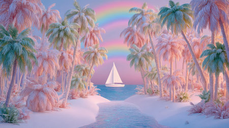 A tranquil scene presents a sailboat gliding toward a rainbow. Fluffy palm trees in shades of pink, green, and white frame the path to the boat. The composition features soft lighting and pastel colors creating an ethereal ambiance. The image is suitable for various artistic, decorative, and conceptual applications.の素材