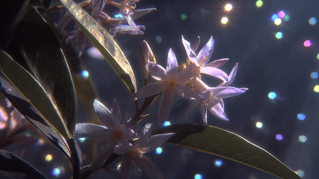 A close-up image shows a detailed view of a blooming flower with multiple petals. The flower is set against a backdrop of soft, blurred bokeh lights. The image uses a shallow depth of field. Suitable for commercial and editorial use related to nature, beauty, and art.の素材