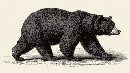 An illustration depicts a black bear in profile, captured in a detailed, vintage style. The bear's dark fur contrasts against a neutral backdrop, with soft shading defining its form. The composition focuses on the animal's movement. Suitable for educational materials and design projects.の素材