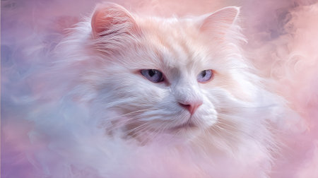 A fluffy white cat is the central subject of this artistic image, enveloped in a soft, dreamy cloud of pink and purple hues. The composition suggests a magical setting, with an emphasis on light and texture. This image would be suitable for various creative projects, including advertising and editorial use.の素材