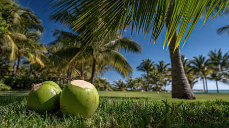 Two green coconuts rest on lush green grass in the foreground, beneath the shade of palm trees. The vibrant composition reveals the clear blue sky and a glimpse of the ocean. This serene landscape features natural lighting and could be used for tropical themes or summer-related visuals.の素材