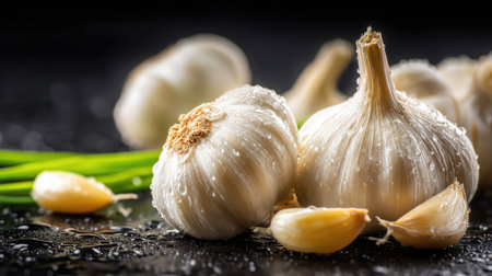 Close-up shot displays several garlic bulbs and individual cloves against a dark background. The image showcases the bulbs' off-white texture, complemented by green stalks. The arrangement suggests a food preparation setting, capturing details suitable for various commercial applications. Overhead lighting provides a contrasty effect.の素材