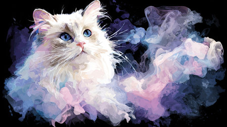 A beautiful white cat with striking blue eyes is the central figure in this artistic image. The cat appears against a dark backdrop, and is enveloped in a cloud of vibrant, colorful smoke. The style showcases a blend of illustration and digital art techniques, and the composition suggests creativity. This could be used for various creative projects and designs.の素材