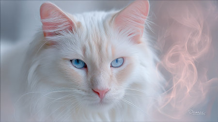 A close-up portrait showcases a white cat with striking blue eyes. The animal's fur appears soft and fluffy, with subtle variations in tone. Gentle lighting highlights the textures and details, creating a dreamy ambiance. This image is suitable for a variety of commercial uses, including advertising and editorial projects.の素材