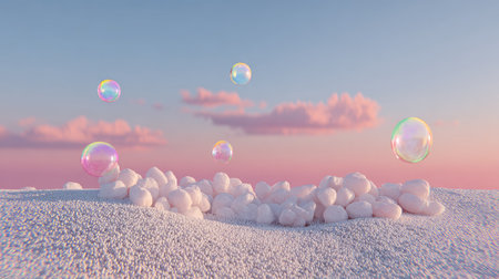 Several translucent bubbles drift through a dreamy pink and blue sky, above soft, textured, cloud-like forms. The composition features a low angle, creating a gentle, surreal atmosphere. The scene is bathed in soft lighting, suggesting a tranquil, possibly ethereal environment. It could be used for various creative projects, including advertising or design.の素材