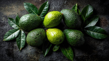 Several ripe avocados with vibrant green skins and surrounding leaves are displayed on a dark, textured surface. The overhead composition showcases the fruits' varied textures and colors, from deep greens to lighter hues. This image could be used for commercial purposes related to food, health, or organic products.の素材