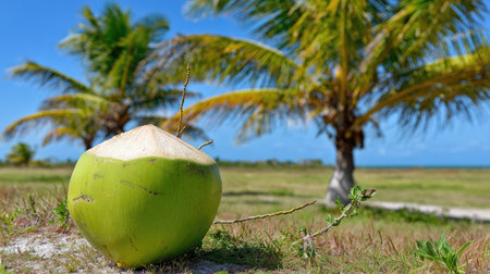 A vibrant green coconut rests on a field of grass with blurred palm trees and a clear blue sky in the background. The scene features natural sunlight and a shallow depth of field, emphasizing the main subject. Suitable for commercial use, this image could be used in projects related to food, travel, and nature.の素材