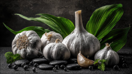 The image displays several garlic bulbs artfully arranged with vibrant green leaves. The composition features a dark background, emphasizing the bulbs and leaves. The lighting highlights the texture and shape of the garlic, suitable for food-related projects or visual content needing a naturalistic element.の素材