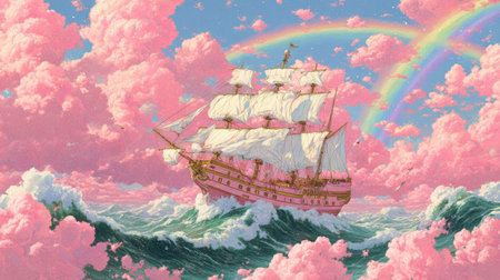 A fantastical ship sails through a sea of clouds under a rainbow. The scene is dominated by shades of pink and blue, with detailed illustrations of the ship and ocean waves. This image could be used in various commercial or editorial projects, like illustrations or concept art.の素材