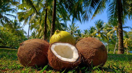 The image showcases coconuts on a grassy area, with a partially cut one revealing its white interior. Sunlight illuminates the scene, highlighting the textures of the coconuts and the surrounding greenery. This vibrant shot could be used for various purposes, including illustrating concepts related to food or nature.の素材