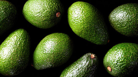 Several ripe avocados are displayed against a dark backdrop. The fruits exhibit a vibrant green hue with textured surfaces. The composition features an overhead view, suggesting a studio setting. This image could be used for food-related articles or advertising materials.の素材