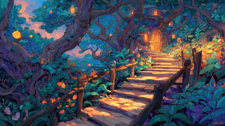 An illustration depicts a serene forest scene with a wooden staircase leading to a glowing doorway. The composition highlights vibrant shades of blue and green with touches of warm light, creating a magical atmosphere. This artwork might be suitable for various editorial projects, fantasy-themed designs, or promotional materials.の素材