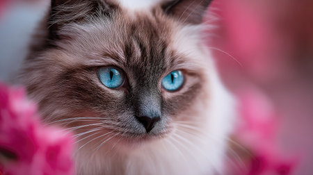 A close-up portrait showcases a fluffy cat with striking blue eyes and a brown and white coat. The soft-focus background features shades of pink, creating a gentle contrast. The composition highlights the animal's features with diffused lighting, suitable for various editorial and commercial projects.の素材