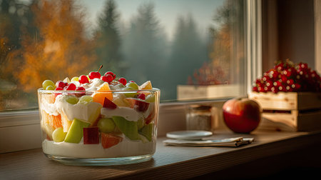 A vibrant fruit salad is presented in a clear glass bowl, filled with various colorful fruits. An apple and berries sit nearby on a wooden surface, with an out-of-focus forest backdrop visible through the window. The image conveys a sense of freshness and is suitable for culinary, health, and wellness content.の素材
