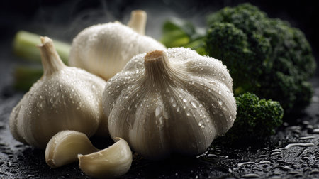 The image presents several garlic bulbs and a broccoli floret against a dark backdrop. The garlic exhibits a textured surface, with water droplets present. The broccoli displays a textured appearance. The composition suggests a focus on freshness. Suitable for culinary content and visual materials, this image can be used for various commercial purposes.の素材