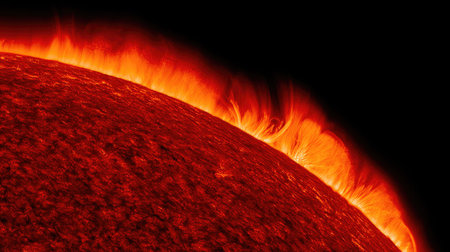 A close-up showcases the sun's surface, revealing intricate patterns and textures. The image displays vibrant orange and red hues, with dynamic plasma formations and bright flares against a dark backdrop. This visual could be used for educational content or scientific illustrations, or as a dramatic background.の素材