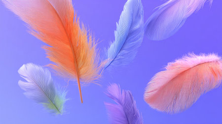 Several vibrant feathers float against a soft gradient background. Each displays a unique color, including orange, blue, and pink. The composition uses soft lighting and texture to create a gentle, dreamlike appearance. This image is suitable for various commercial and editorial purposes.の素材