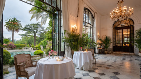 This image captures the interior of a refined restaurant featuring tables adorned with white tablecloths. The space is bathed in soft light from large windows overlooking a vibrant garden. The composition highlights textures like marble flooring, curtains, and foliage, suitable for design or editorial projects. The scene evokes tranquility and sophisticated dining.の素材
