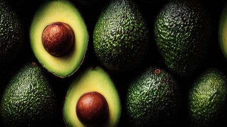 This image showcases a collection of avocados, some halved to reveal their interiors. The composition uses a dark backdrop to highlight the fruits' textures and colors. The overhead lighting emphasizes the glossy green skin and the rich tones of the avocado flesh. Suitable for various culinary or health-related visual projects.の素材