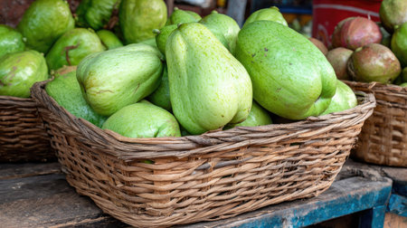 A collection of fresh, green chayote squash fills wicker baskets, presented on a wooden surface. The image showcases a vibrant display, with details of the textured squash and the woven baskets. The natural lighting and composition suggest a marketplace setting, potentially for commercial or editorial applications.の素材